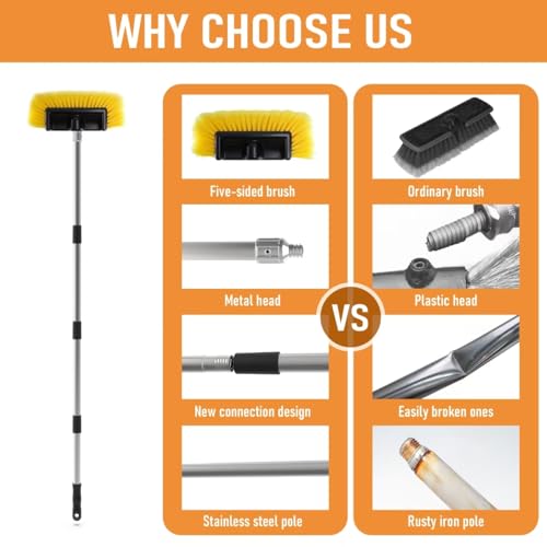 Five-Sided Car Wash Brush with 56" Long Handle | Car Wash 12" Dip Soft Five-Sided Brush | No Scratch Soft Bristle Brush for Car, RV, Boat, Solar Panel House Siding, Snow, Floors Washing - size: 12"