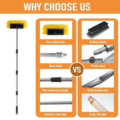 Five-Sided Car Wash Brush with 56" Long Handle | Car Wash 12" Dip Soft Five-Sided Brush | No Scratch Soft Bristle Brush for Car, RV, Boat, Solar Panel House Siding, Snow, Floors Washing - size: 12"