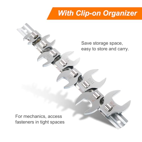 8pcs Drive Crowfoot Wrench Set 3/8" Crowfoot Flare Nut Wrench Set 3/8" - 7/8" Drive Fractional Wrench with Clip-on Organizer for Mechanics Automotive Repair Work