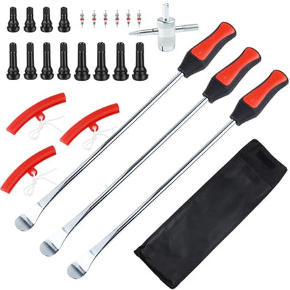 Riseuvo 15" Tire Spoon Kit, Tire Changing Kit for Motorcycle Bike Mower Tractor ATV, Tire Removal Tool Set with Rim Protectors, Valve Tool, Valve Cores, Caps, Stems(TR414 TR413 TR412), Storage Bag