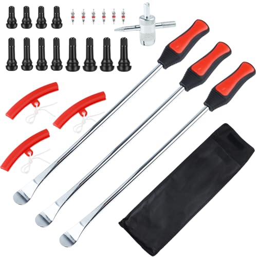 Riseuvo 15" Tire Spoon Kit, Tire Changing Kit for Motorcycle Bike Mower Tractor ATV, Tire Removal Tool Set with Rim Protectors, Valve Tool, Valve Cores, Caps, Stems(TR414 TR413 TR412), Storage Bag