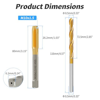 Metric Tap and Die Set M10*1.5 Titanium Coated Thread Tap and 8.5mm Twist Drill Bits HSS Right Rotation Tapping Threading Tool Set for Industrial Mechanics Thread cutting tools - size: M10*1.5 + 8.5mm