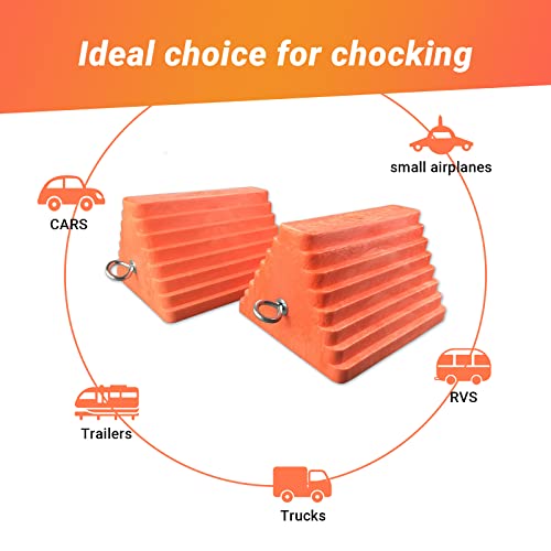 HOXWELL 2 Packs Wheel Chocks Heavy Duty Orange with Eyebolt, Vehicle Chock for Travel Trailers, Camper, Truck, Car and ATV, 9.1" Length x 7.1" Width x 5.5" Height - color: Orange-2 pcs