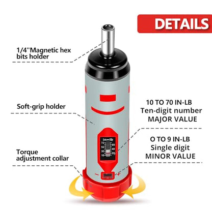 Torque Screwdriver Set 7.91 N·m (10-70 in-lbs) 1/4" Drive with 40 S2 Bits, Extended Bits Holder, Sleeve and Storage Bag, Perfect for Bike Repair, Scope Mounting, and Professional Maintenance | With Extended Bits Holder & Sleeve Perfect for Bike Repair, Sc