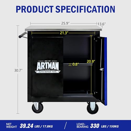 1 Cabinet Heavy Duty Rolling Tool Chest, Lockable Mobile Metal Tool Cart with Stainless Steel Worktop, Garage Tool Storage Cabinet for Workshop Auto Repair, Black & Blue, 30.7" H × 25.9" W - size: 1 Cabinet