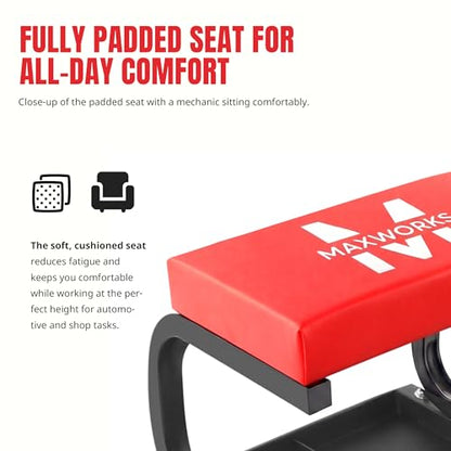 MaxWorks Mechanics Roller Seat - Heavy Duty 250 lb Capacity Rolling Creeper Stool with Padded Seat & 3-Section Tool Tray for Garage & Auto Repair (50875) - style: Rolling Seat Creeper