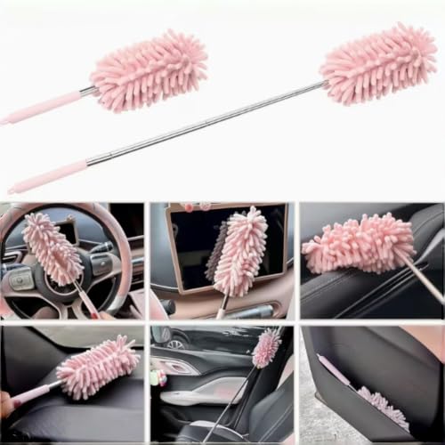 Set of 2 Microfiber Car Dusting Brushes Flexible Adjustable Mini Cleaning Tools Made of Polyester Fiber for Dashboard Vents Pink