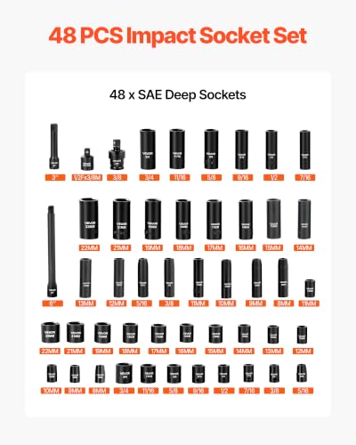 VEVOR Impact Socket Set, 3/8" Drive, 48-Piece Socket Set, 6-Point Sockets, SAE 5/16"-3/4" and Metric 8-19 mm, 21-22 mm, Easy to Identify, Cr-V Alloy Steel, Extension Bar, Adapter and Storage Cage - size: 3/8" 48 PCS