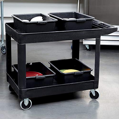 Rubbermaid Commercial Products 2-Shelf Utility/Service Cart, Medium, Black, Lipped Shelves, Ergonomic Handle, 500 lbs. Capacity, for Warehouse/Garage/Cleaning/Manufacturing - color: Black, size: Medium