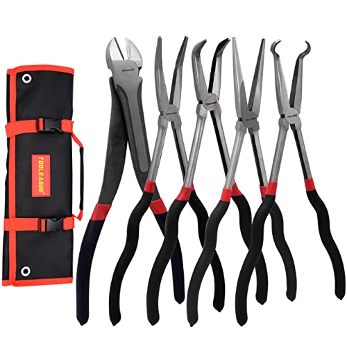 TOOLEAGUE 5Pcs Extra Long Needle Nose Pliers Set, 11" Long Reach Straight,45/90 Degree Bent Nose,Diagonal Pliers and O-shape Tip Craft Repairing Tool - size: 5pcs,11"