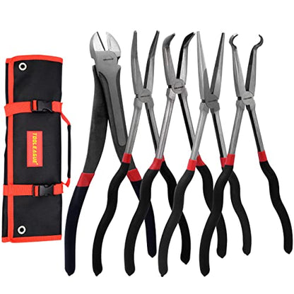 TOOLEAGUE 5Pcs Extra Long Needle Nose Pliers Set, 11" Long Reach Straight,45/90 Degree Bent Nose,Diagonal Pliers and O-shape Tip Craft Repairing Tool - size: 5pcs,11"