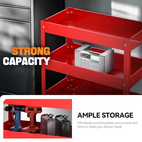 Auto Dynasty 3-Tier Rolling Service Cart 220 lbs Capacity Tool Cart on Wheels Heavy Duty Utility Cart for Warehouse, Garage and Mechanic Work, Red - size: 220lbs