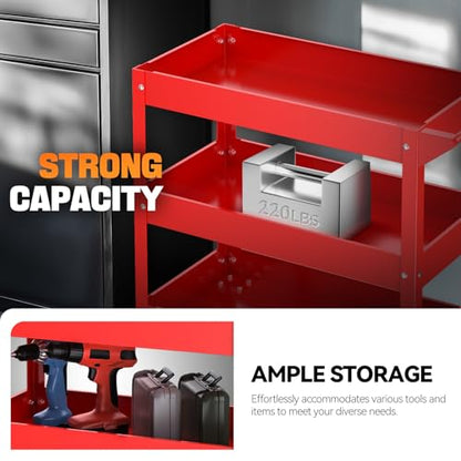 Auto Dynasty 3-Tier Rolling Service Cart 220 lbs Capacity Tool Cart on Wheels Heavy Duty Utility Cart for Warehouse, Garage and Mechanic Work, Red - size: 220lbs