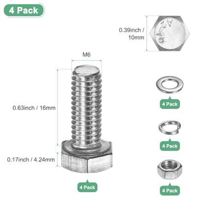 M METERXITY 4-Pack Hex Head Screw Bolt with Nuts Flat & Lock Washers M6x16mm Stainless Steel Bolts and Nuts Kit Fully Threaded Metric Bolt Assortment for Equipment/Machinery - size: M6 x 16mm