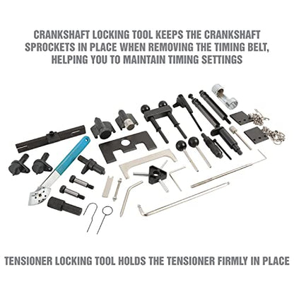 OEMTOOLS 27404 Engine Timing Tool Set for VAG, 37 Piece Engine Timing Locking Tool Kit, for VW and Audi, Timing Tool Kit with Belt Tensioner Tool, Cam Pulley Holder, Camshaft Adjuster