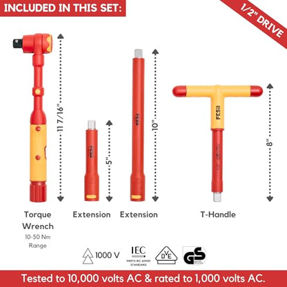 FESA 16-Piece Insulated Torque Wrench Set (1/2" Drive, 10-50 Nm Range) | with 7 Metric Sockets, 5 Hex Bit Sockets, 2 Extension Bars, T-Handle & Protective Case - style: 1/2" Drive, 10-50 Nm Wrench & Socket Set