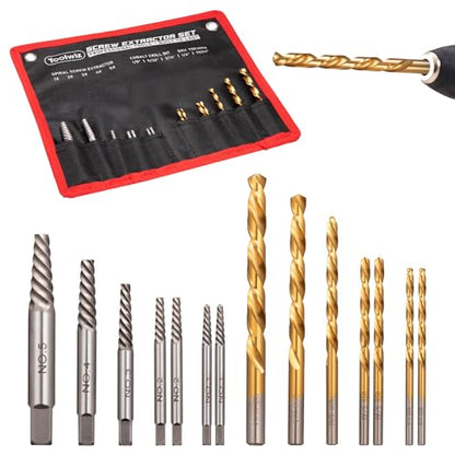 Toolwiz Easy Out Screw Extractor Set – 14PCS Broken Bolt Extractor Kit | with HSS Left Handed Drill Bits for Removing Stripped Screws, Broken Bolts, Damaged Nuts Easy Out Set with Canvas Bag
