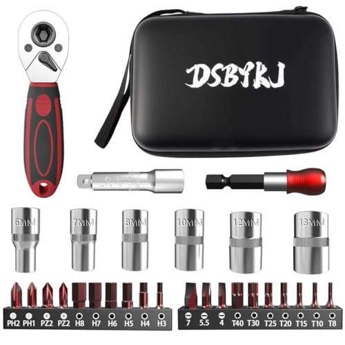 29-Piece 1/4-Inch Drive Socket Ratchet Wrench Set with Drill Bit Socket Set, Metric and Extension Bar, for Car Repair and Home Use, with Storage Bag for Easy Carrying Cr-V - color: Black-29pcs