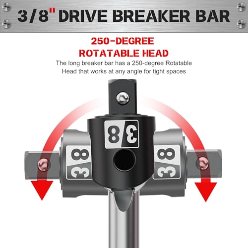 17.5-Inch 3/8” Drive Breaker Bar, Heavy Duty Extension Breaker Bar, 250° Rotatable Head, Premium Chromium Molybdenum Steel, Mechanical Work, Automobile and Motorcycle Maintenance and Repair - size: 3/8" 17.5 in