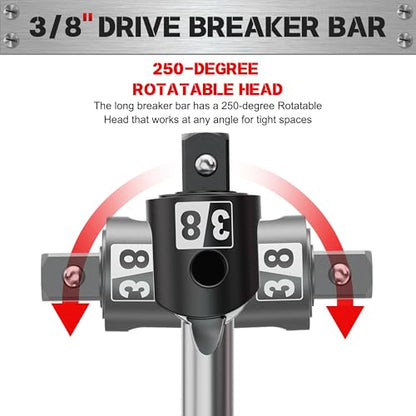 17.5-Inch 3/8” Drive Breaker Bar, Heavy Duty Extension Breaker Bar, 250° Rotatable Head, Premium Chromium Molybdenum Steel, Mechanical Work, Automobile and Motorcycle Maintenance and Repair - size: 3/8" 17.5 in