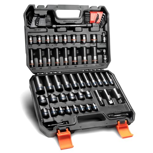 LLNDEI 3/8 inch Drive 12 Point Socket Set 71 Piece,SAE(5/16-3/4in) and Metric(8-22mm),Deep & Shallow,CR-V.With Drill Socket Adapter & Extension Bar 3/8 in,Hex Key Set 12Pt Can Also Be Used on 6pt