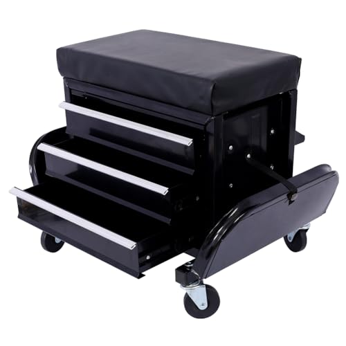 3-Drawer Chest Rolling Mechanic Seat with Tool Trays 350lbs Max Weight Capacity Toolbox Seat for Garage Warehouse Black