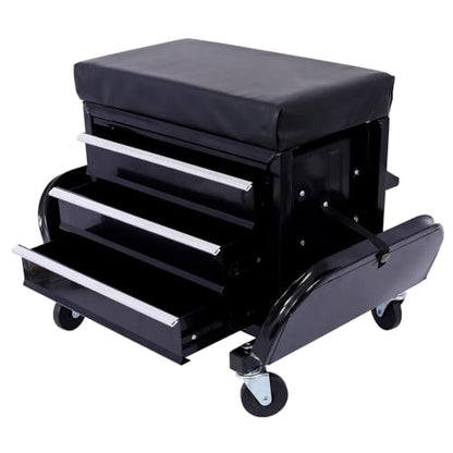 3-Drawer Chest Rolling Mechanic Seat with Tool Trays 350lbs Max Weight Capacity Toolbox Seat for Garage Warehouse Black