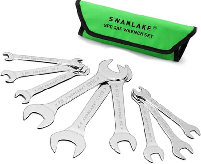 SWANLAKE 9-piece Super-Thin Open End Wrench Set, SAE 1/4", 9/32", 5/16", 3/8", 11/32", 13/32", 7/16", 1/2", 9/16", 11/16", 5/8", 19/32", 3/4", 13/16", 7/8", 15/16", 1", 1-1/16" with Rolling Pouch - style: 9PCS SAE Super-Thin