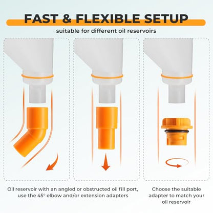 FOUR UNCLES 1.5L Oil Funnel Kit, Universal No-Spill Engine Oil Funnel with 14 Adapters Fits for Most Cars, Trucks & SUVs, Hands-Free Operation and Transparent Monitoring