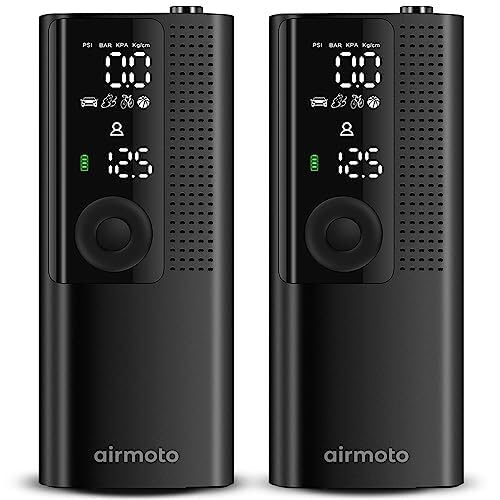 Airmoto Tire Inflator Portable Air Compressor - Air Pump For Car Tires with Digital Pressure Gauge, LED Light and Auto Shut-Off Function - Cordless Pump for Car, Motorcycle, Bicycle, Ball (Pack of 2) - size: 2-Pack