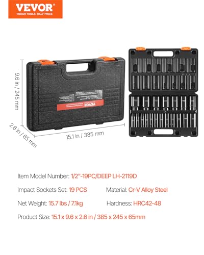 VEVOR Impact Socket Set, 1/2" 19 Piece Impact Sockets, Deep Socket, 6-Point Sockets, 1/2 Inches Drive Socket Set Impact 3/8 inch - 1-1/2 inch, Cr-V Rugged Construction, with a Storage Cage - style: 1/2" 19PCS