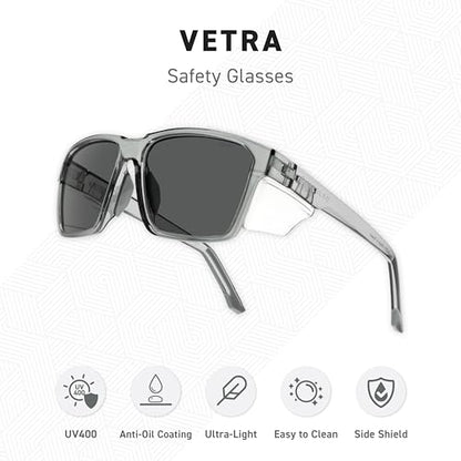 VETRA Z87+ Certified Safety Glasses HD High Contrast UV400 Side Shield Anti-Oil Coating Stylish Eyewear - color: Steel Mist