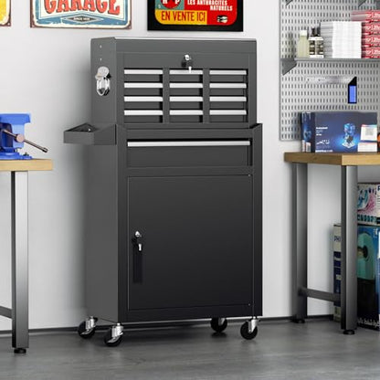 Oakcloud Heavy-Duty 5-Drawer Rolling Tool Chest & Cabinet Combo with Black Liner – Lockable Steel Garage Tool Box on Wheels – Detachable Top Toolbox & Bottom Storage Cart with Side Hooks, Black - color: Black, size: 5-drawer