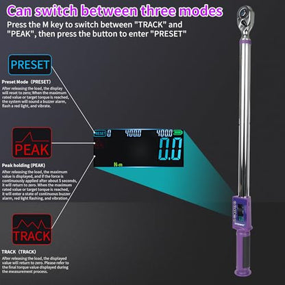 Digital Torque Wrench 1/2 Drive, (14.7-295 FT-LB/20-400N.M) ±2% High Accuracy Digital Torque Wrench, With Vibration, Buzzer and LED Alert - size: 1/2-inch (14.7-295 Ft-lbs./20-400Nm)