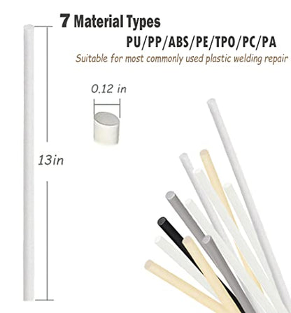 106pcs Plastic Welding Rods ABS PP PU PE PA PC TPO 7 Types of Plastic Welder Rods for Car Bumper Kayak Repair Kit with Reinforcing Stainless Steel Mesh Plastic Welding Kit Welding Supplies