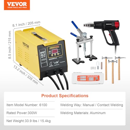 VEVOR Spot Welder Dent Puller, 300W Stud Welder Dent Repair Kit with Heat Gun, Auto/Manual Welding Mode, 110V Auto Body Spot Welding Dent Repair Machine for Aluminum Car Body Panels Repair - style: Aluminum Pro