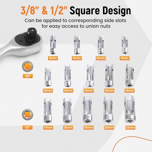 maXpeedingrods 3/8" 1/2" Drive Diesel Injector Fuel Line Socket Wrench Set, 8-22mm Metric Flare Nut Socket Set, 14 PCS 6-Point Strut Nut for Wired Temperature Sensor, Thermo Switch, Master Cylinders