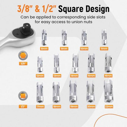 maXpeedingrods 3/8" 1/2" Drive Diesel Injector Fuel Line Socket Wrench Set, 8-22mm Metric Flare Nut Socket Set, 14 PCS 6-Point Strut Nut for Wired Temperature Sensor, Thermo Switch, Master Cylinders