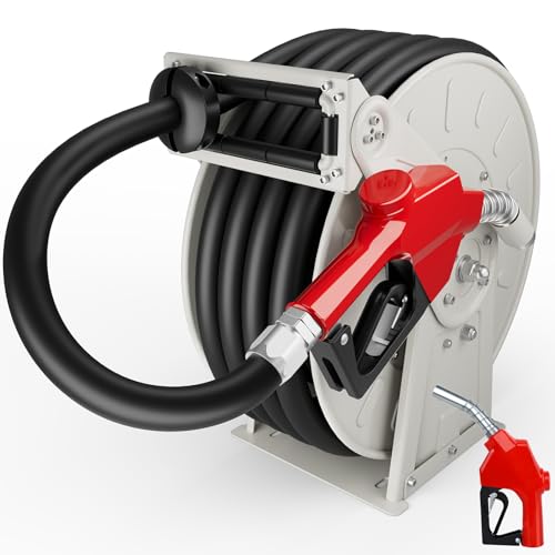 1" x 50ft Fuel Hose Reel Grey, 300PSI Diesel Fuel Transfer Hose Working with 12V Pump & Tank, 1 Inch Retractable Hose Reel with Fuel Nozzle, Manual Reel for Boat Def Fluid Truck Bed Trailer Cart - color: Gray, size: 1" x 50ft