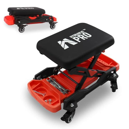 Automotive Creeper Seat with Rolling Wheels, 300 LBS Capacity Mechanic Stool, Heavy Duty Garage Stool with Soft Padded Cushion and Tool Trays, Foldable Design for Easy Storage