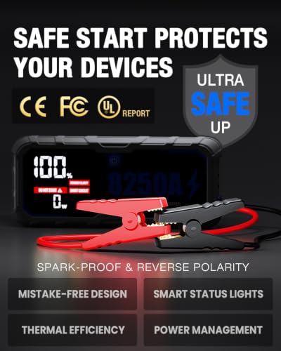 Portable 8250A Car Battery Jump Starter with PD-65W (for All Gas or 10.0+L Diesel), 12V Potable Car Jump Start with 4.01 inch HD Screen, 2 USB Power Bank 24-Months Stand-by Time - size: 8250A+65W