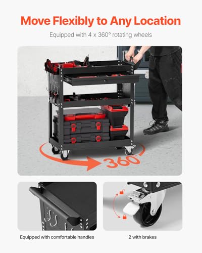 VEVOR 4-Tier Tool Cart with Wheels, 350 lbs Load Capacity, Rolling Work Cart with Drawer & Pegboard, Mechanic Tool Storage Organizer with Locking System for Garage, Warehouse and Repair Shop, Black - style: 4-Tier-350 lbs with 1 Drawer