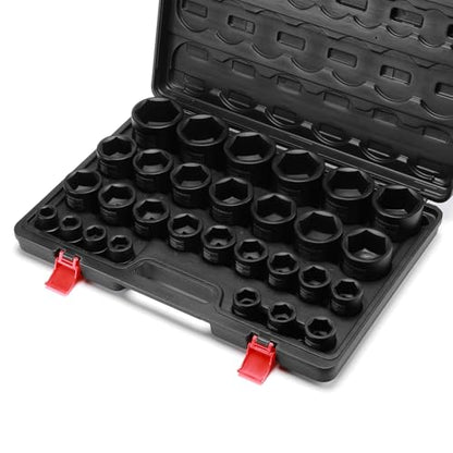 CASOMAN 29-Piece 3/4" Drive Shallow Spindle Axle Nut Impact Socket Set, 6-Point, Standard Large Socket Set, SAE (3/4" to 2-1/2"), CR-MO Steel, with Storage Case - size: 29 PCS (3/4" to 2-1/2")