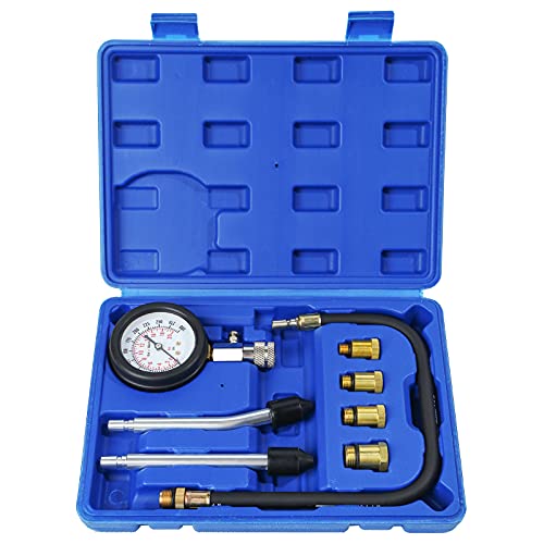 8PCS Compression Tester Kit Professional Petrol Gas Engine Cylinder Pressure Gauge 0-300 PSI Automotive Tool for Motorcycle Car Truck (Blue) - color: Blue