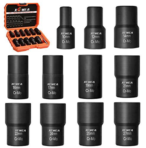XEWEA 12PCS Lug Nut Remover Set, 1/2-Inch Drive Stripped Wheel Lock Removal Extractor Twist Socket Kit for Removing Damaged, Frozen, Rusted, Studs, Rounded-Off Bolts Nuts Screws - color: 12pcs 1/2" Drive