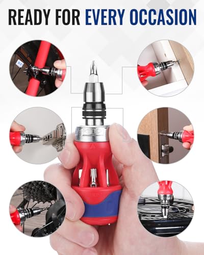 WORKPRO 12-in-1 Stubby Ratcheting Multi-bit Screwdriver, Short Screw Drivers with Magnetic, Quick-load Mechanism, Premium S2 Steel, Small Screwdriver with Double End Bits in Handle - size: Stubby