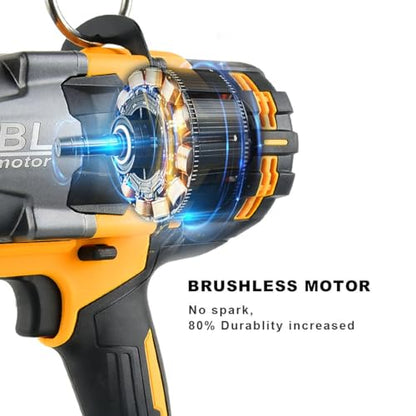 3/4 inch Cordless Impact Wrench 1475 Ft-lbs Heavy-duty Wrench | 2000 N.m Brushless High Torque, with 2pcs 6.0A Battery, Carrying Case, Fast Charger and 3pcs Sockets, Yellow