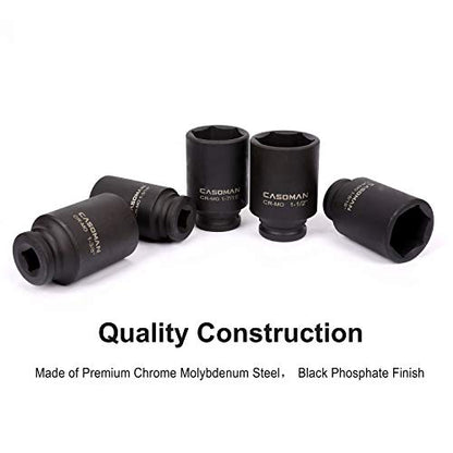 CASOMAN 1/2-Inch Drive Deep Spindle Axle Nut Impact Socket Set, 1/2" Drive Deep Impact Socket Set, Inch, Cr-Mo, 6-Point, 1-3/16-Inch - 1-1/2-Inch, 5 Piece Axle Socket Set - size: 1/2" Dr. 5pcs (1-3/16" - 1-1/2")