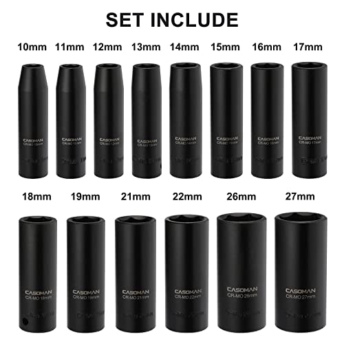 CASOMAN 1/2-Inch Drive Deep Impact Socket Set, 14 Pieces Set, 10mm-27mm, CR-MO, Metric, Heavy Duty Storage Case - size: 14 Pieces, Metric, Deep, 1/2-Inch Drive