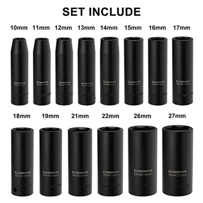 CASOMAN 1/2-Inch Drive Deep Impact Socket Set, 14 Pieces Set, 10mm-27mm, CR-MO, Metric, Heavy Duty Storage Case - size: 14 Pieces, Metric, Deep, 1/2-Inch Drive
